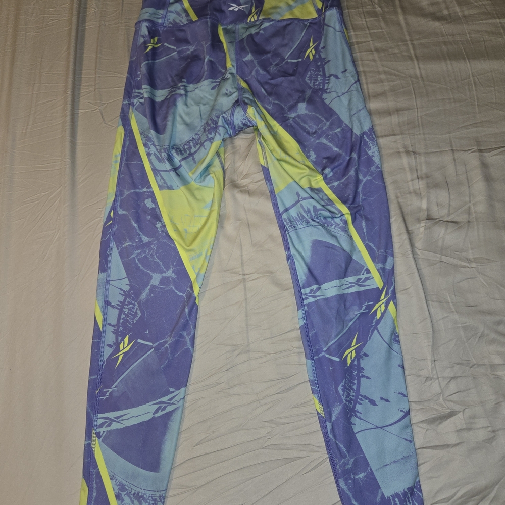 Reebok Woman's Blue and Yellow Patterned Leggings - Picture 2 of 3